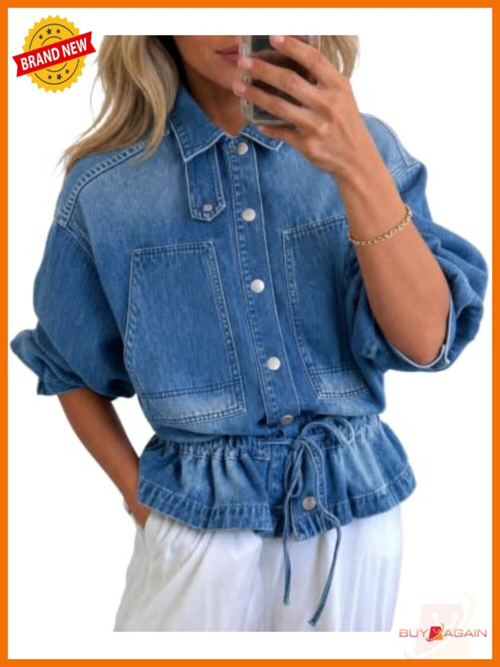 Women's Denim Shacket Button Down Drawstring Jean Jacket